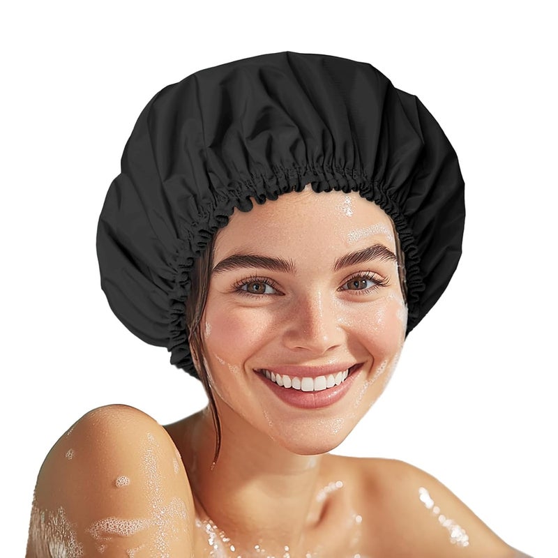 CHFONG Shower Cap for Women, Double Layer Waterproof Bath Cap, Reusable Hair Protector, Large Waterproof Shower Bonnet Washable Elastic Band Bath Hair Hat for Long Hair, Braids，Black - Image 1